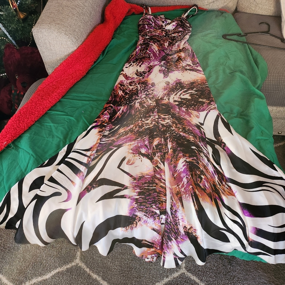 Cache evening dress.  Size 4.  Multi print.  Long train.  Low back